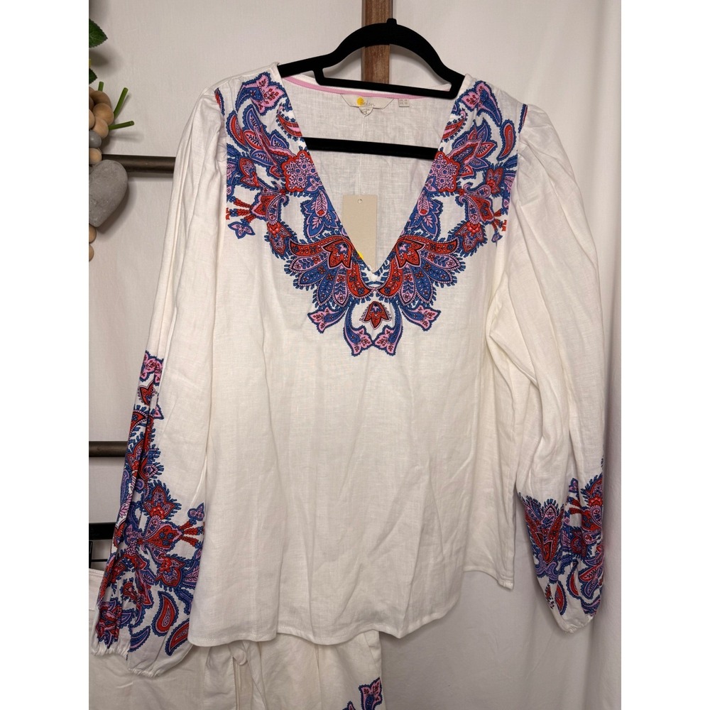 Boden Womens White Linen Paisley Embroidered Tunic Top and Shorts Set US 10 NEW - Picture 2 of 14